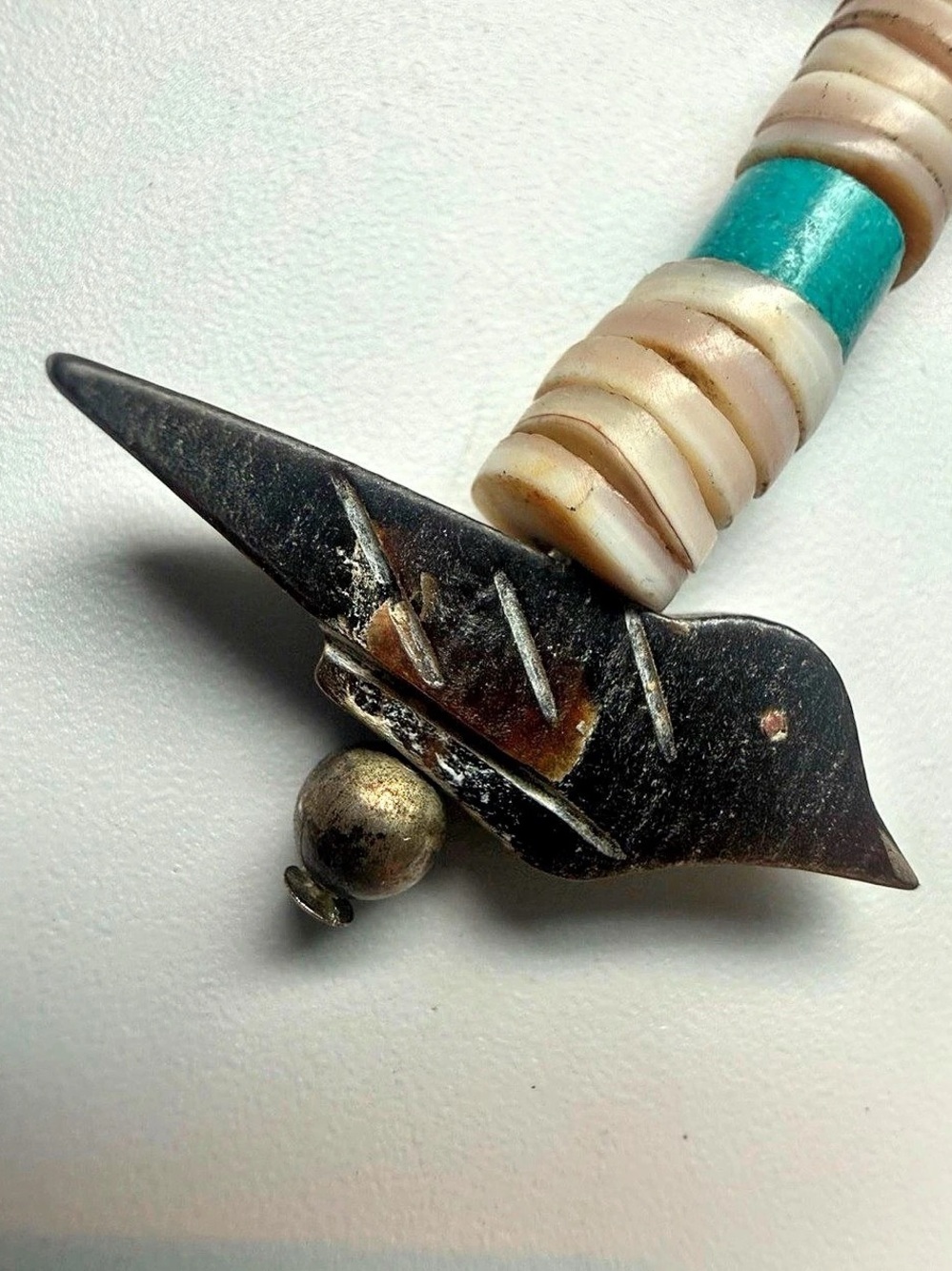16” Vintage Black Jet Bird Fetish Necklace Shell Heishi Sterling Silver - Picture 4 of 8